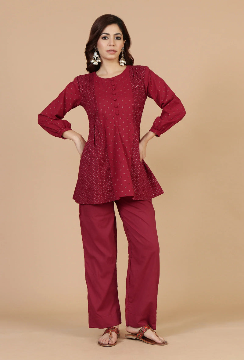 Maroon Gathered Peplum Top & Straight Cotton Pants