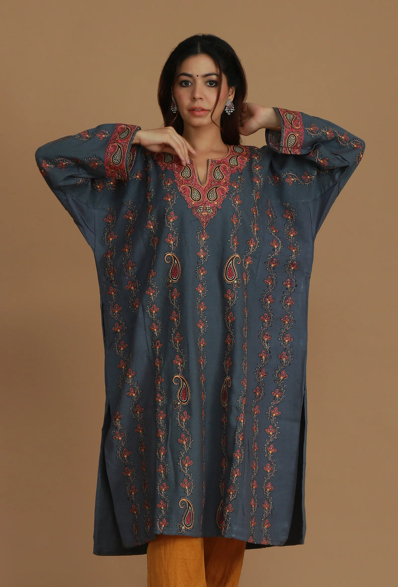 All-Over Embroidered Slate Grey Kashmiri Phiran- Free Size