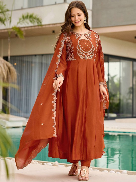 Rust Vichitra Silk Anarkali Set with Keyhole Neckline & Ornate Scalloped Dupatta