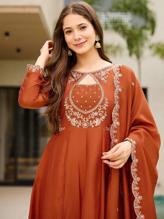 Rust Vichitra Silk Anarkali Set with Keyhole Neckline & Ornate Scalloped Dupatta