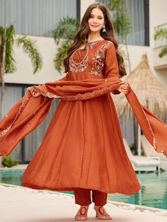 Rust Vichitra Silk Anarkali Set with Keyhole Neckline & Ornate Scalloped Dupatta