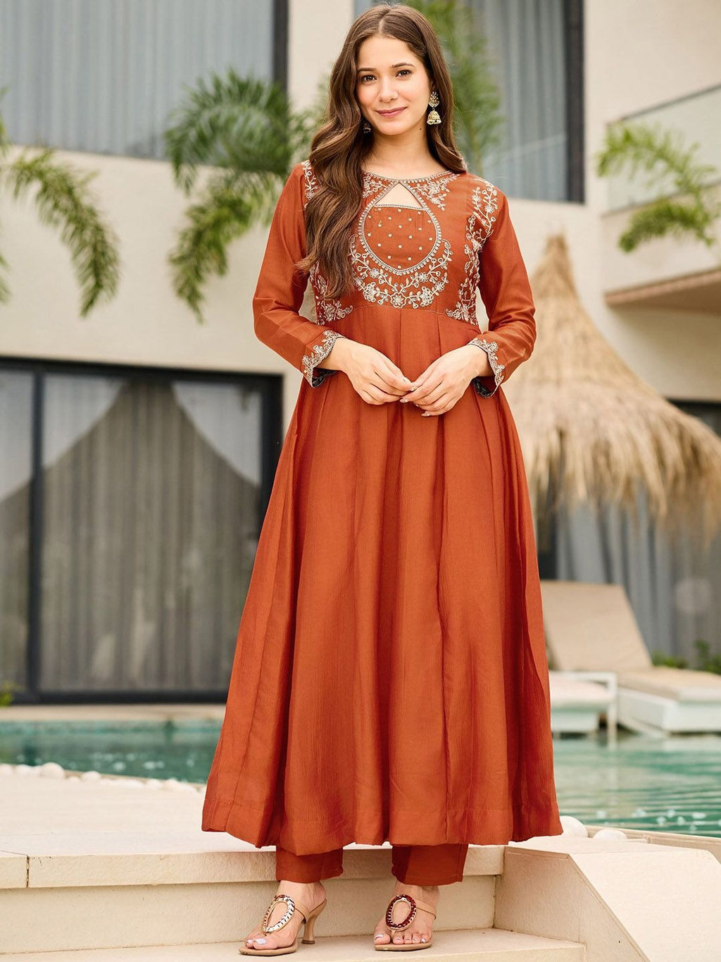 Rust Vichitra Silk Anarkali Set with Keyhole Neckline & Ornate Scalloped Dupatta