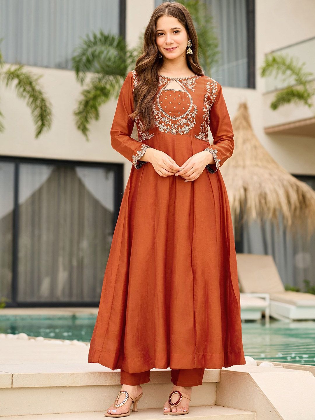 Rust Vichitra Silk Anarkali Set with Keyhole Neckline & Ornate Scalloped Dupatta
