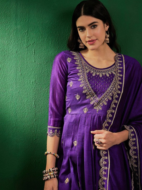 Regal Vichitra Silk Embroidered Anarkali Kurta Set with Scalloped Zari Dupatta