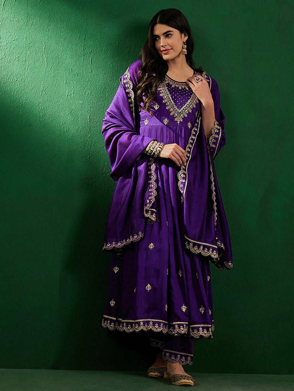 Regal Vichitra Silk Embroidered Anarkali Kurta Set with Scalloped Zari Dupatta