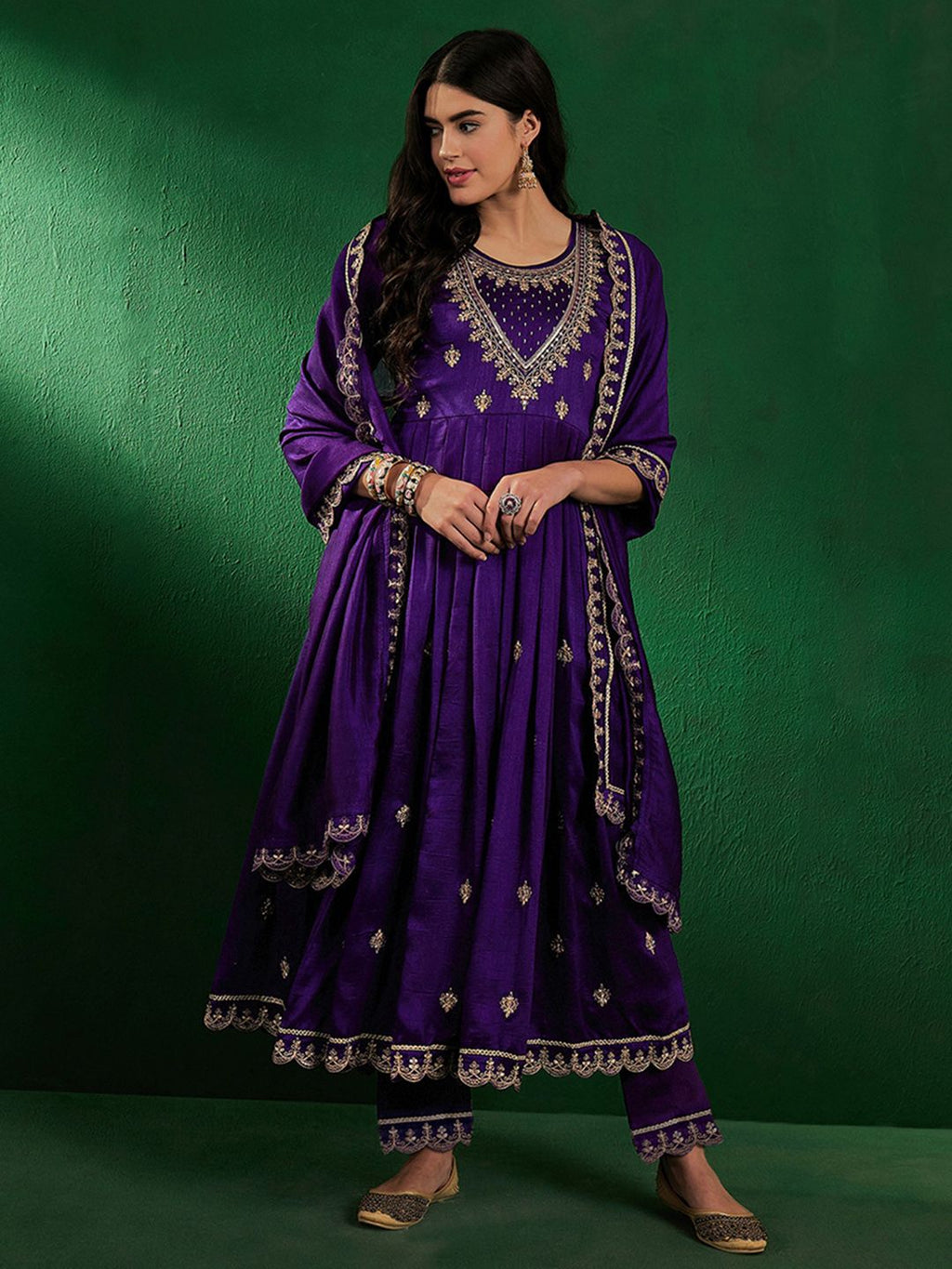 Regal Vichitra Silk Embroidered Anarkali Kurta Set with Scalloped Zari Dupatta