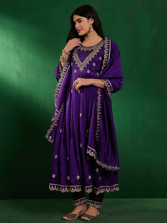 Regal Vichitra Silk Embroidered Anarkali Kurta Set with Scalloped Zari Dupatta