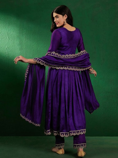 Regal Vichitra Silk Embroidered Anarkali Kurta Set with Scalloped Zari Dupatta