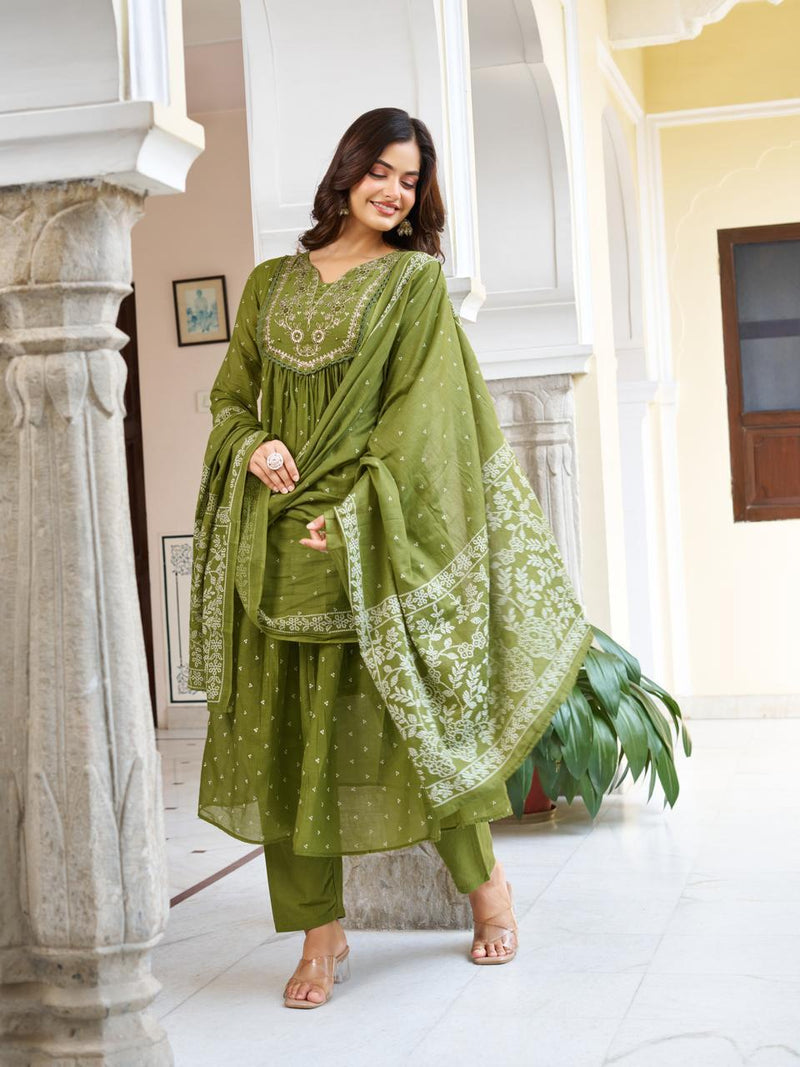 Embroidered Olive Green Printed Soft Cotton Kurta Pant with Dupatta Set