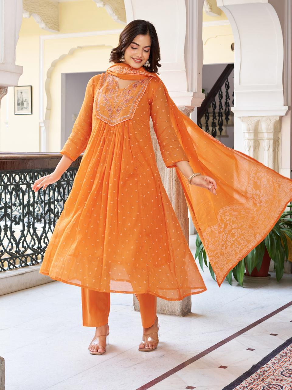 Embroidered Orange Printed Soft Cotton Kurta Pant with Dupatta Set