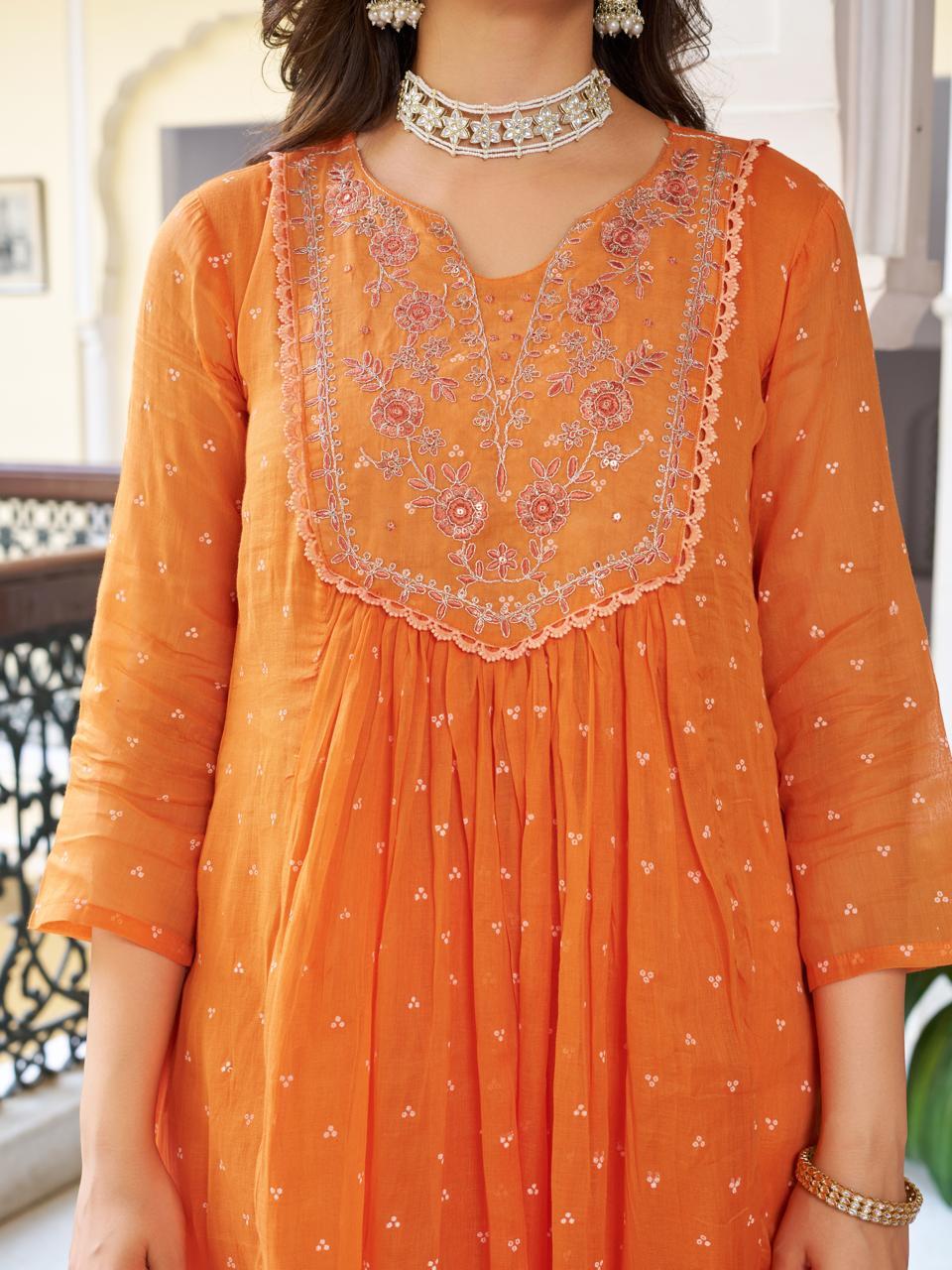 Embroidered Orange Printed Soft Cotton Kurta Pant with Dupatta Set