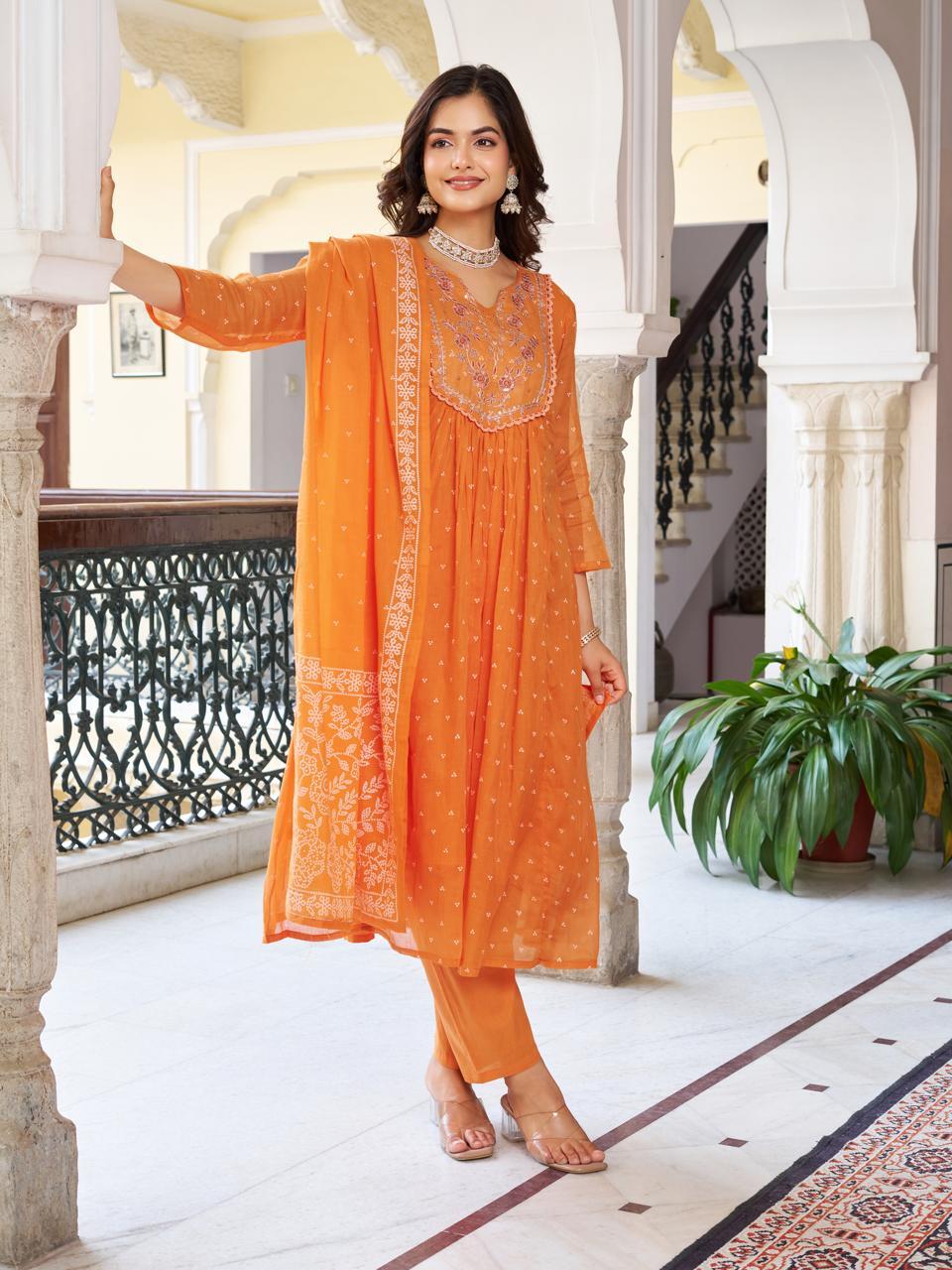 Embroidered Orange Printed Soft Cotton Kurta Pant with Dupatta Set