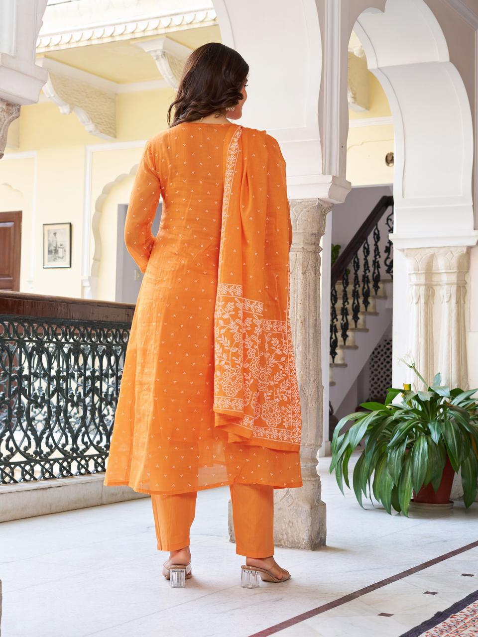 Embroidered Orange Printed Soft Cotton Kurta Pant with Dupatta Set