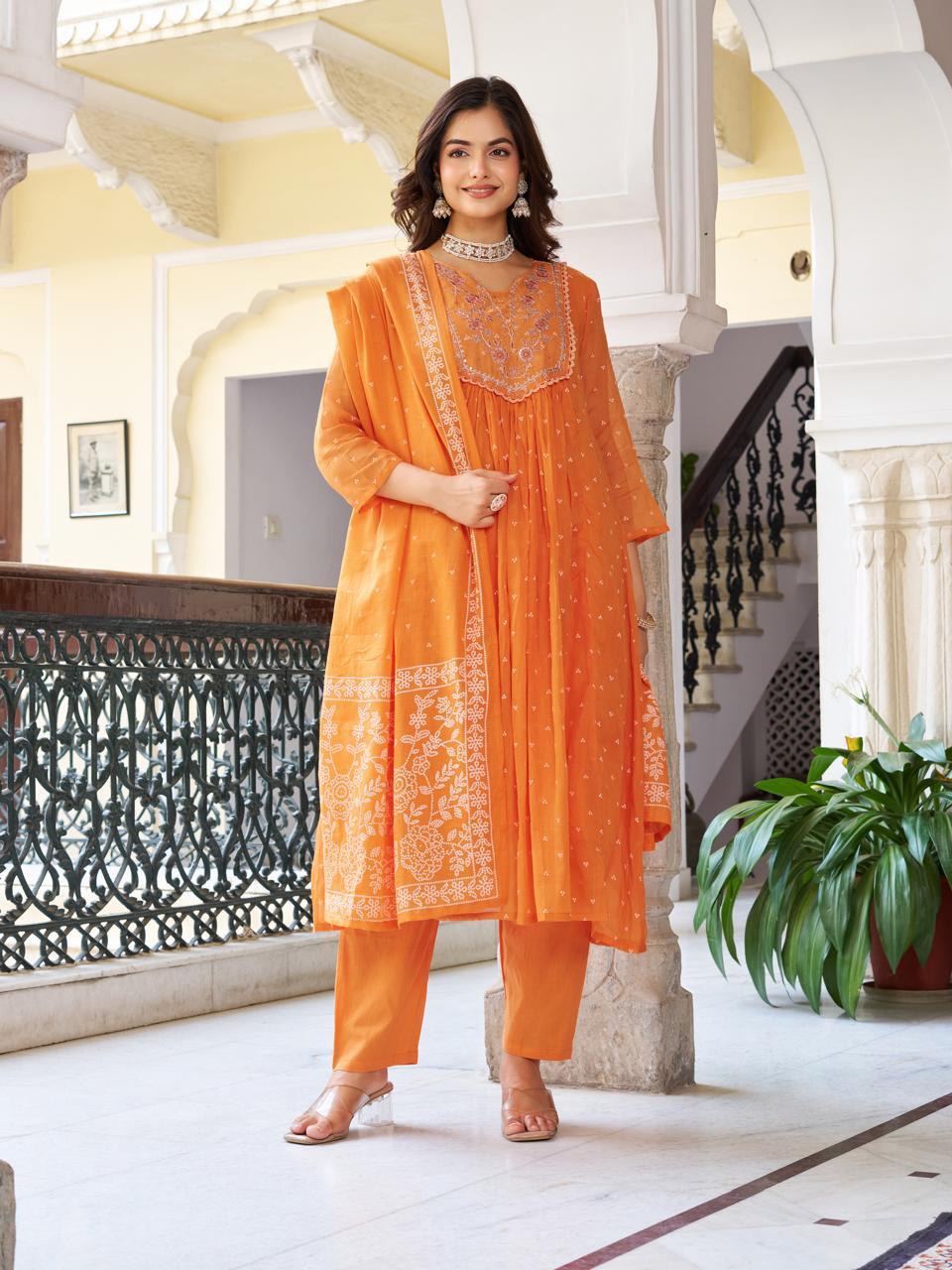 Embroidered Orange Printed Soft Cotton Kurta Pant with Dupatta Set