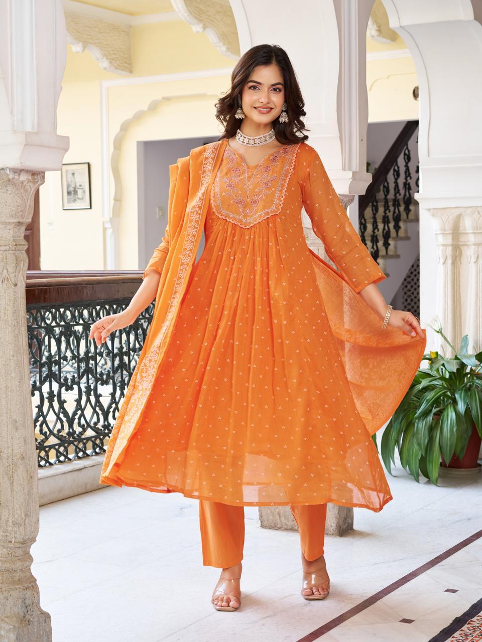 Embroidered Orange Printed Soft Cotton Kurta Pant with Dupatta Set