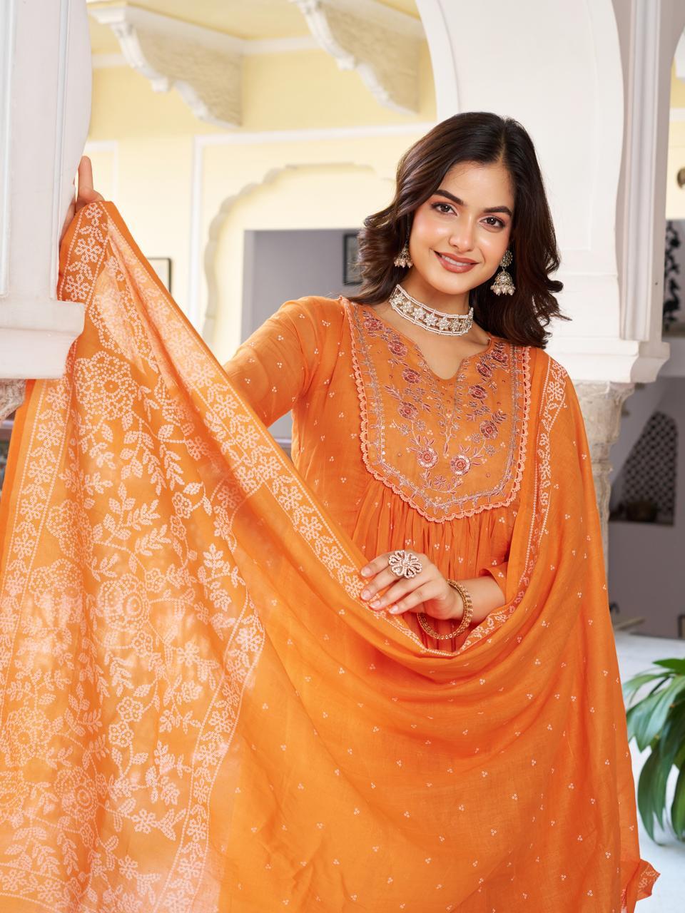 Embroidered Orange Printed Soft Cotton Kurta Pant with Dupatta Set