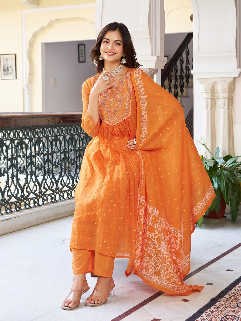 Embroidered Orange Printed Soft Cotton Kurta Pant with Dupatta Set