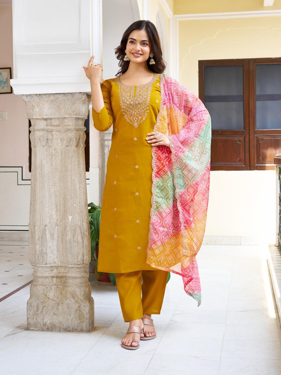 Mustard Yellow Viscose Chanderi Kurta Set with Intricate Yoke Embroidery & Multicolored Bandhani Dupatta