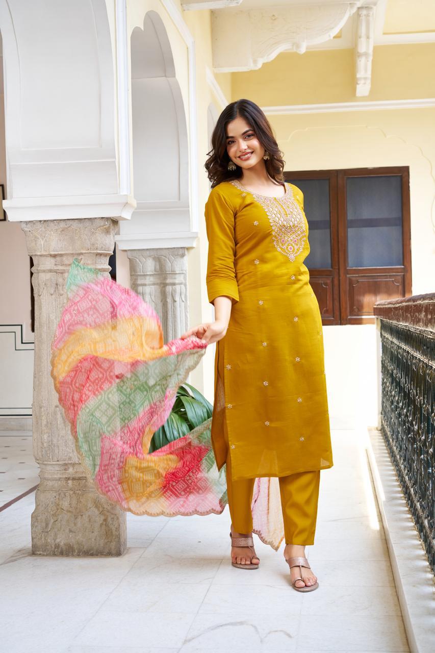 Mustard Yellow Viscose Chanderi Kurta Set with Intricate Yoke Embroidery & Multicolored Bandhani Dupatta