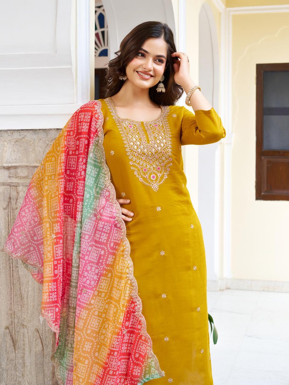 Mustard Yellow Viscose Chanderi Kurta Set with Intricate Yoke Embroidery & Multicolored Bandhani Dupatta