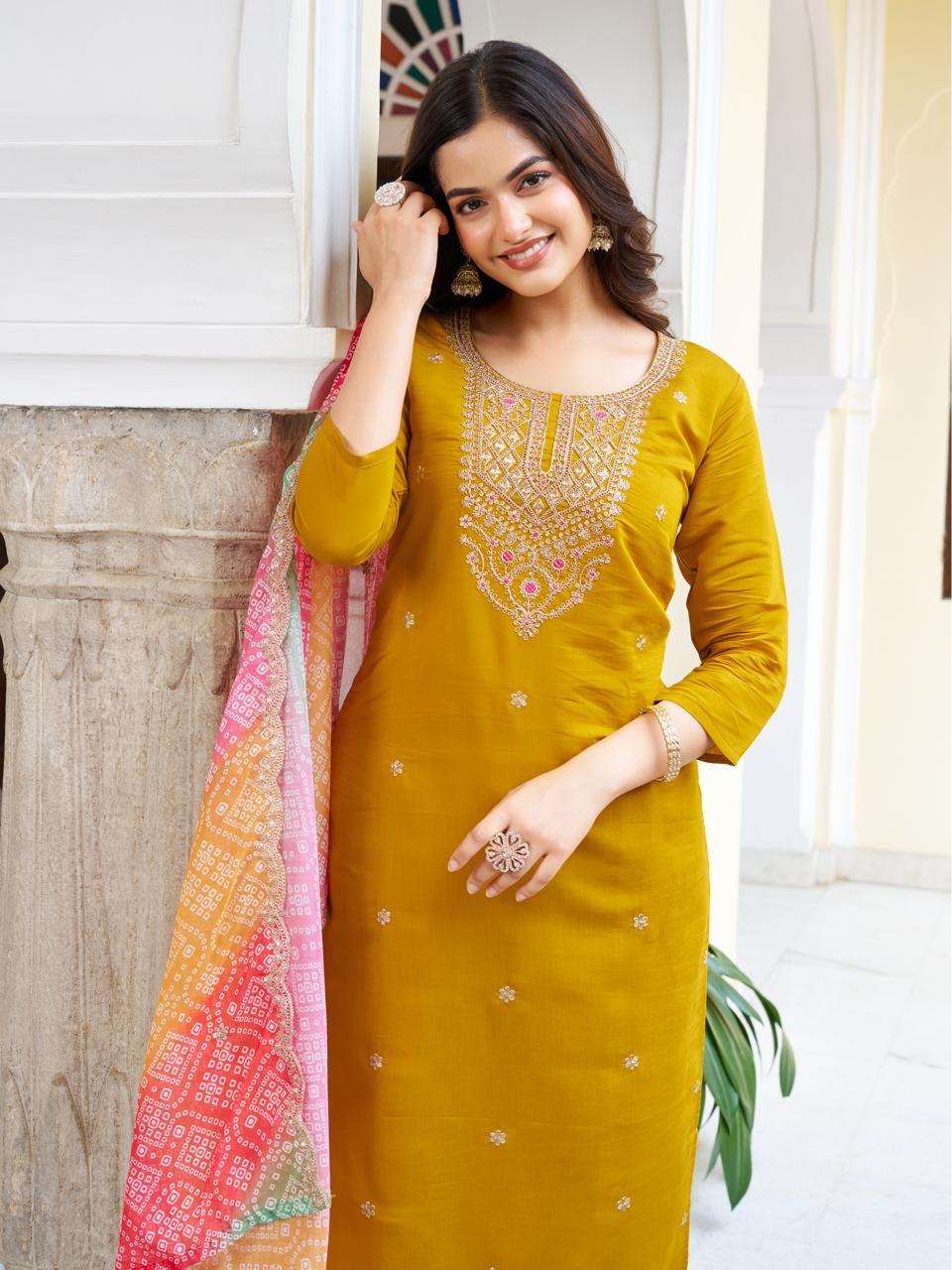 Mustard Yellow Viscose Chanderi Kurta Set with Intricate Yoke Embroidery & Multicolored Bandhani Dupatta
