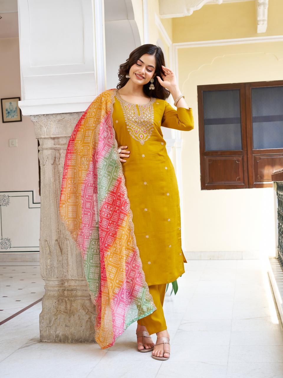 Mustard Yellow Viscose Chanderi Kurta Set with Intricate Yoke Embroidery & Multicolored Bandhani Dupatta