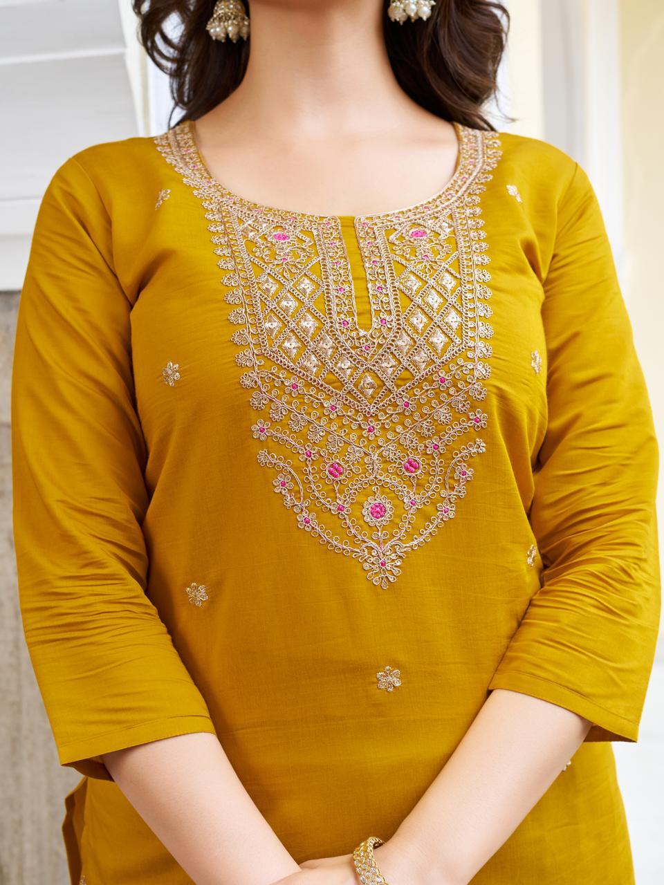 Mustard Yellow Viscose Chanderi Kurta Set with Intricate Yoke Embroidery & Multicolored Bandhani Dupatta