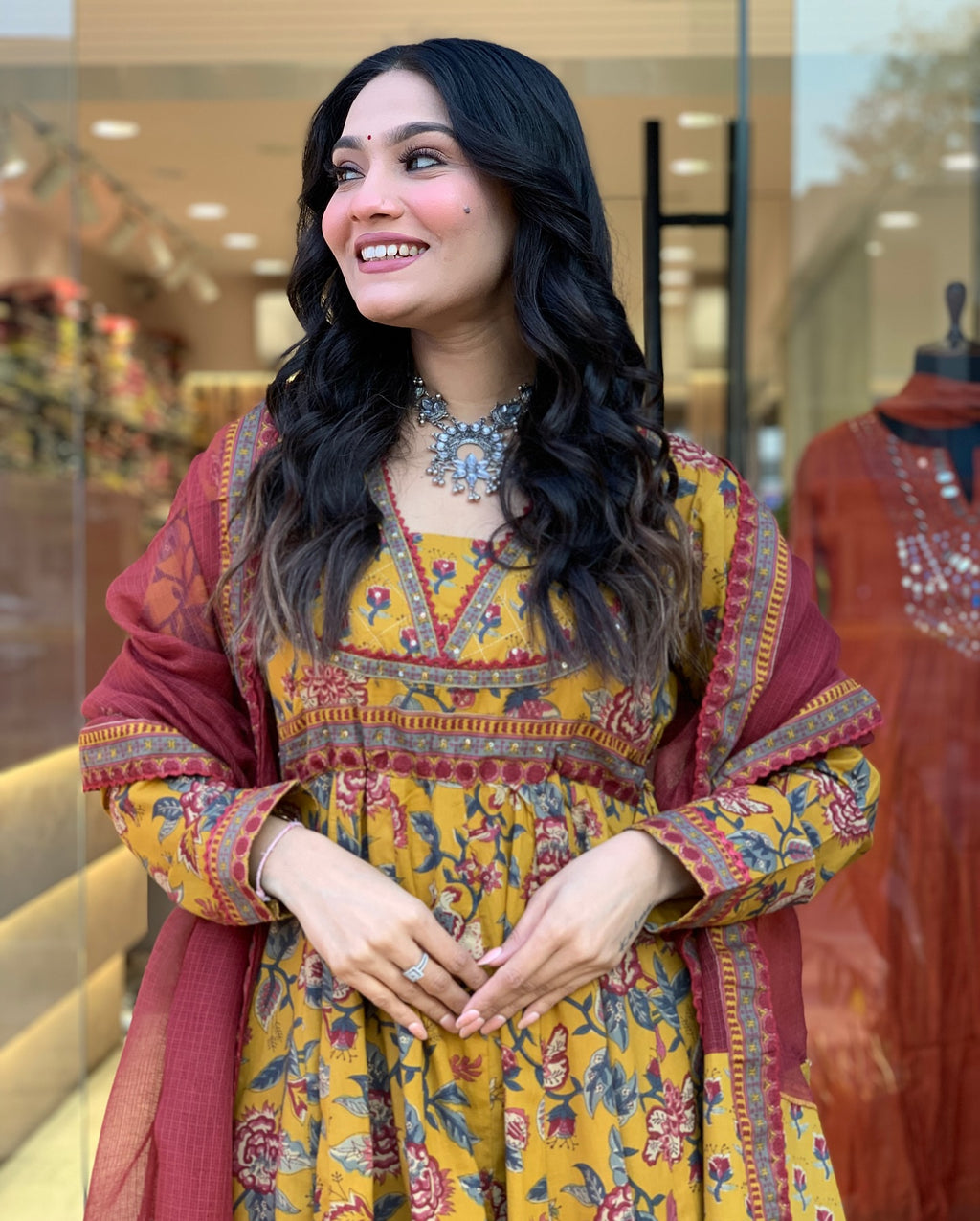 Artisan Floral Print Cotton Anarkali Set with Scalloped Lace & Contrast Silk-Organza Dupatta