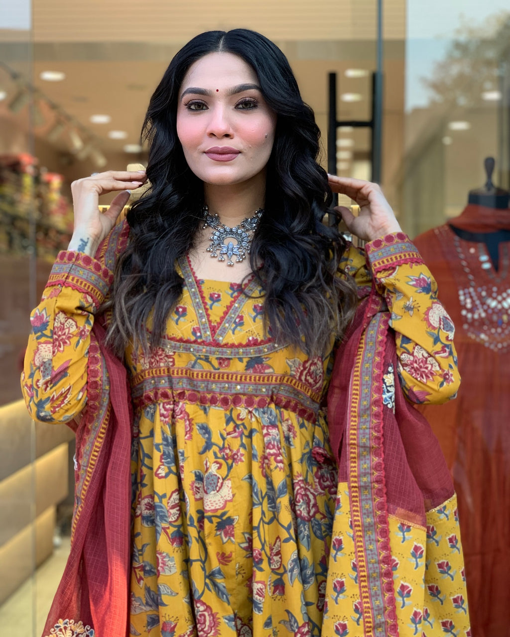 Artisan Floral Print Cotton Anarkali Set with Scalloped Lace & Contrast Silk-Organza Dupatta