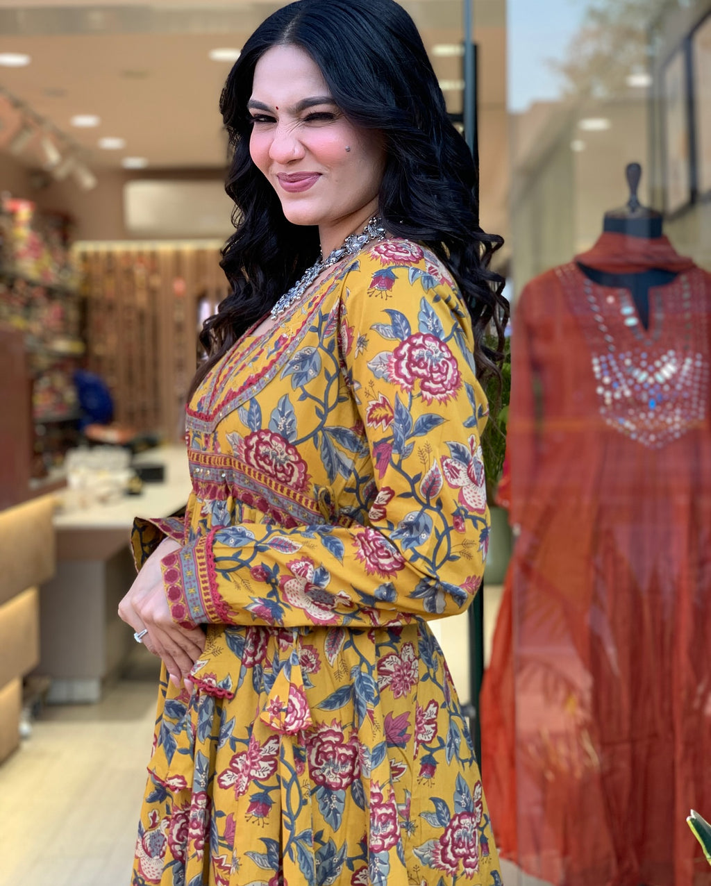 Artisan Floral Print Cotton Anarkali Set with Scalloped Lace & Contrast Silk-Organza Dupatta