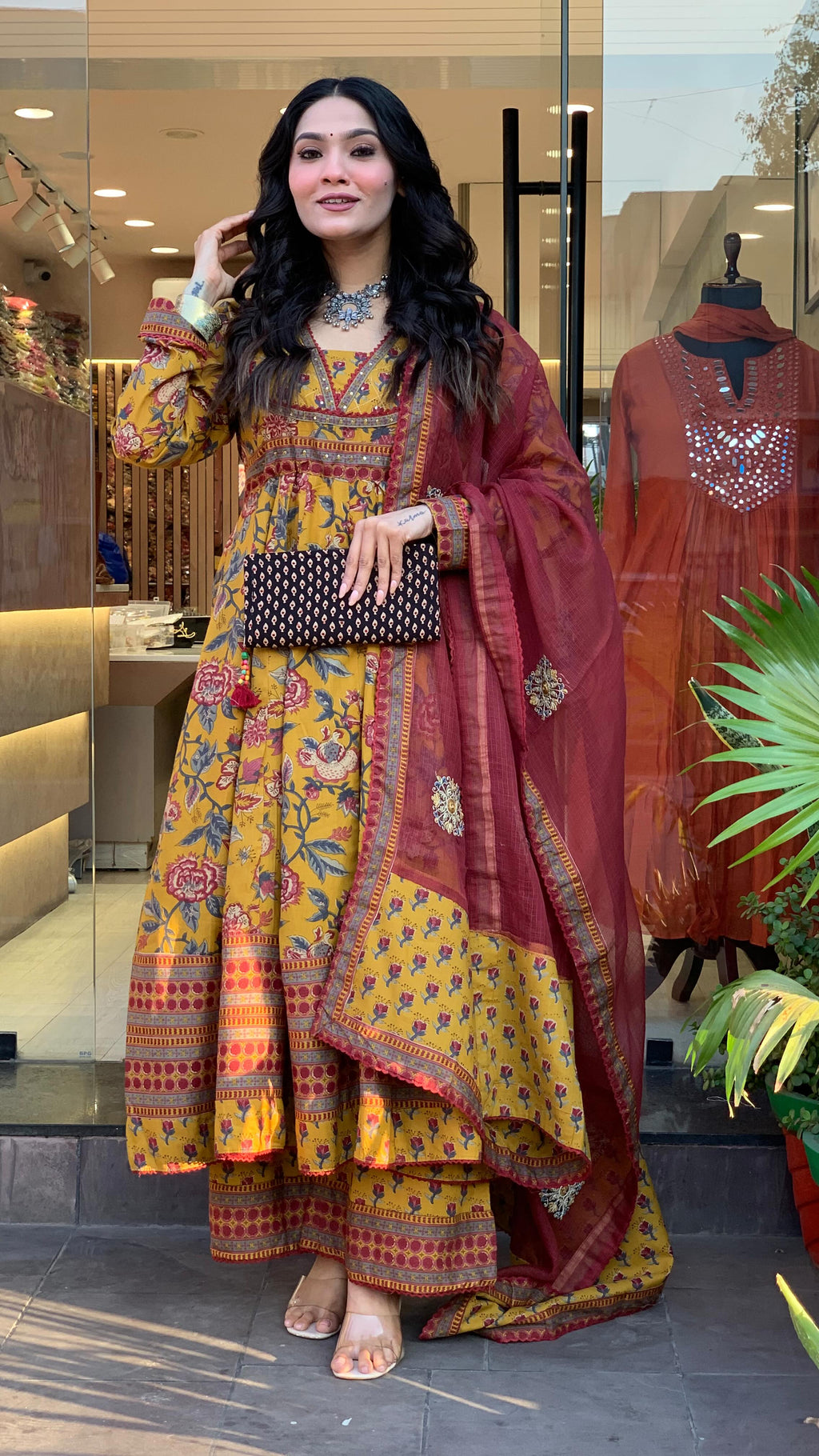 Artisan Floral Print Cotton Anarkali Set with Scalloped Lace & Contrast Silk-Organza Dupatta