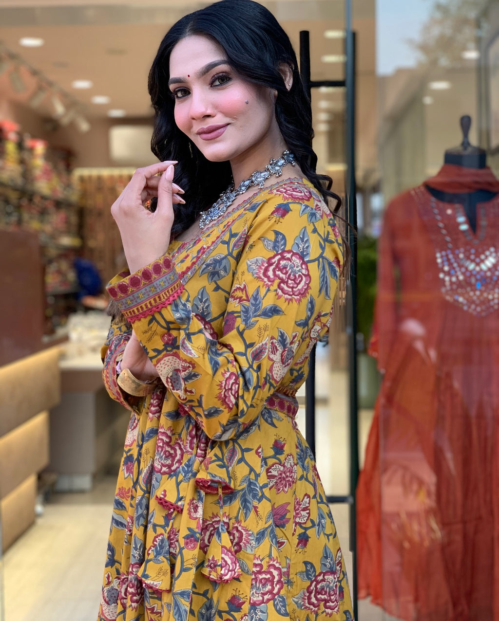 Artisan Floral Print Cotton Anarkali Set with Scalloped Lace & Contrast Silk-Organza Dupatta