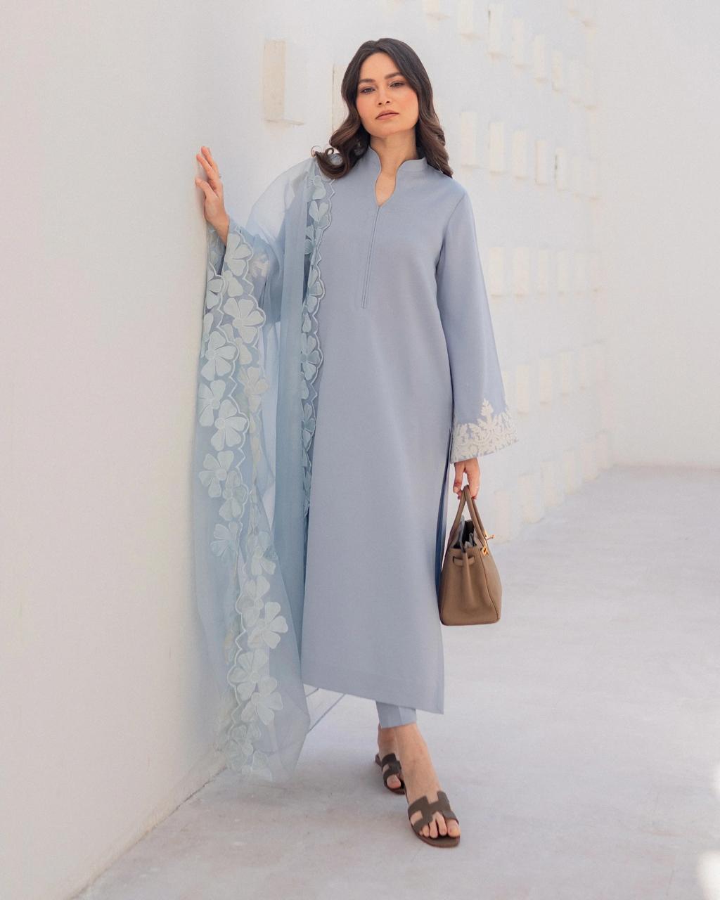 Serene Powder Blue Chanderi Embroidery Kurta Set with Scalloped Floral Dupatta