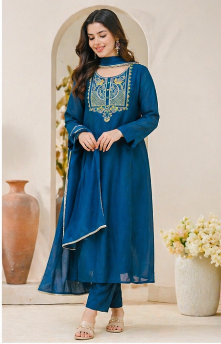 Azure Blue Embroidered Mul Chanderi Anarkali Set with Lace-Trimmed Dupatta