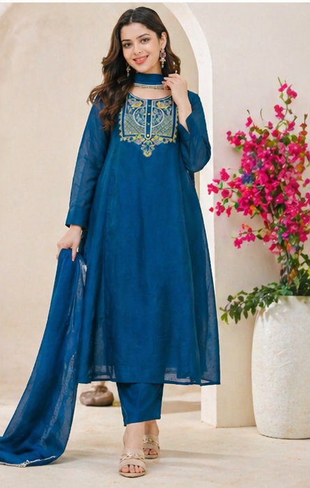 Azure Blue Embroidered Mul Chanderi Anarkali Set with Lace-Trimmed Dupatta