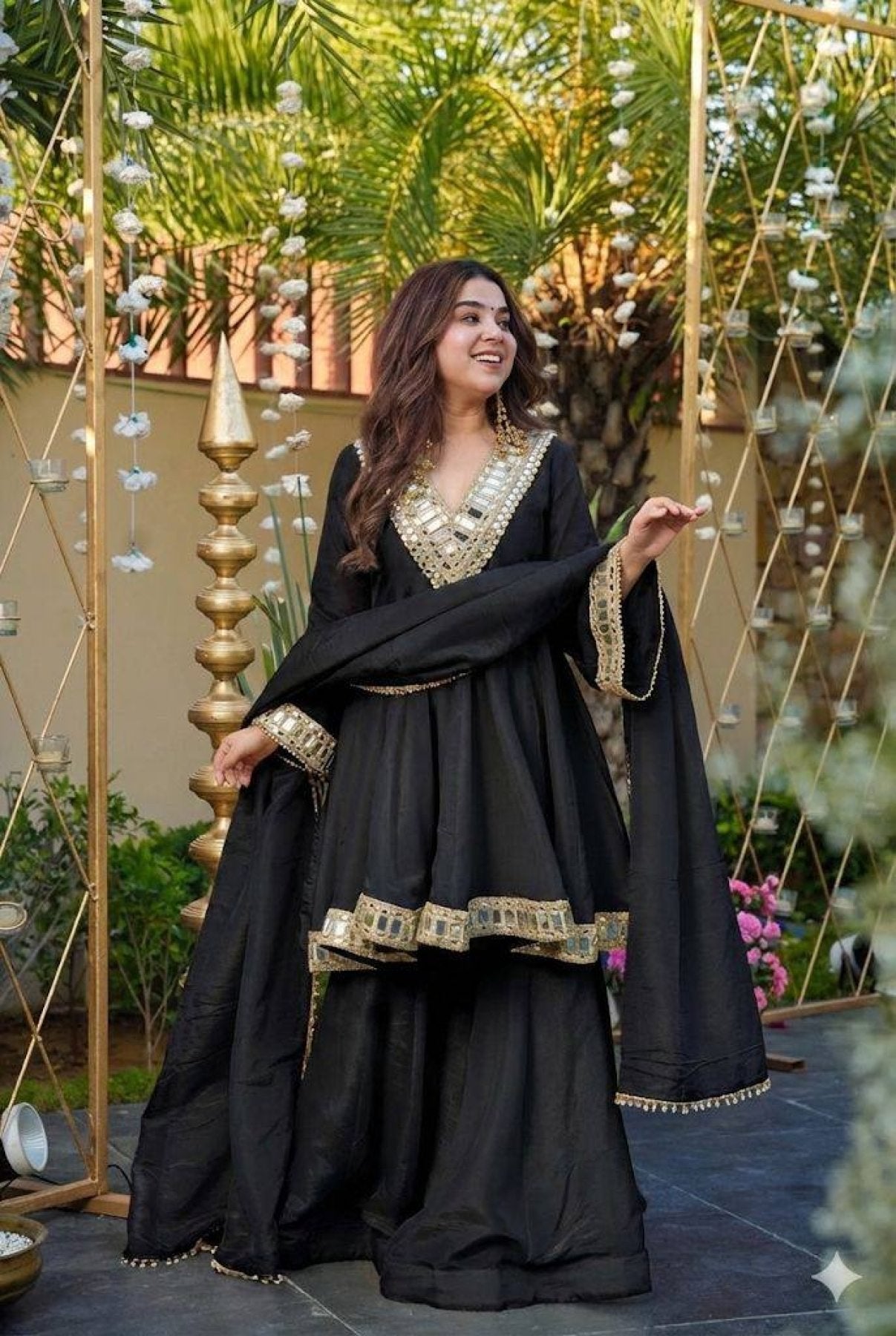 Premium Black Mirror Work Vichitra Silk Anarkali Kurta Set with Dupatta – Festive & Wedding Wear