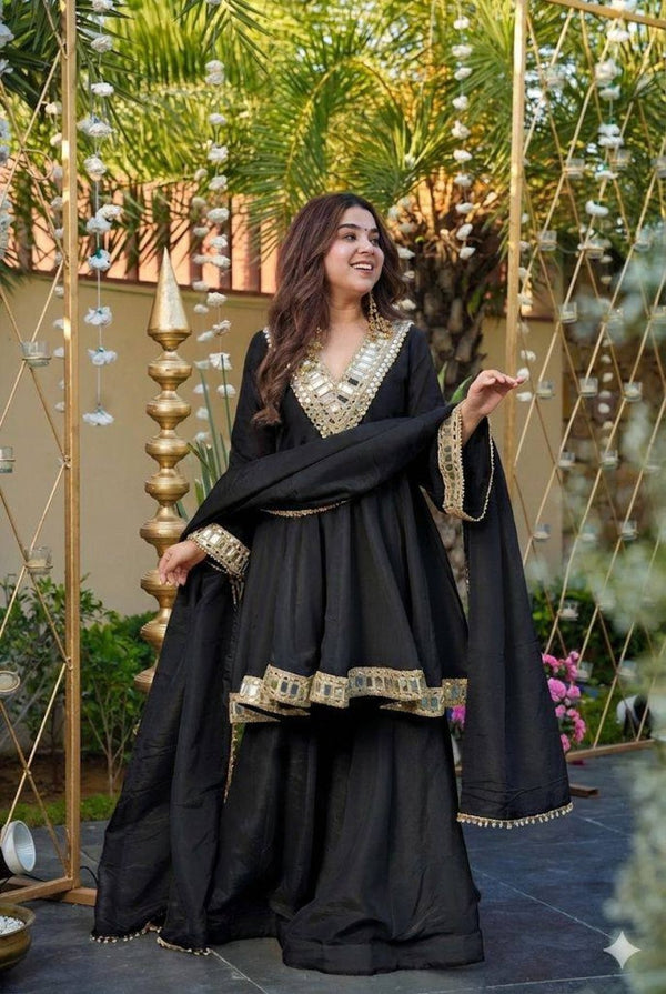 Premium Black Mirror Work Vichitra Silk Anarkali Kurta Set with Dupatta – Festive & Wedding Wear