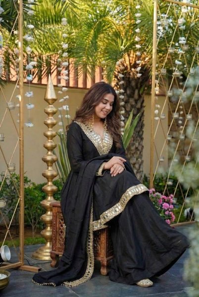 Premium Black Mirror Work Vichitra Silk Anarkali Kurta Set with Dupatta – Festive & Wedding Wear