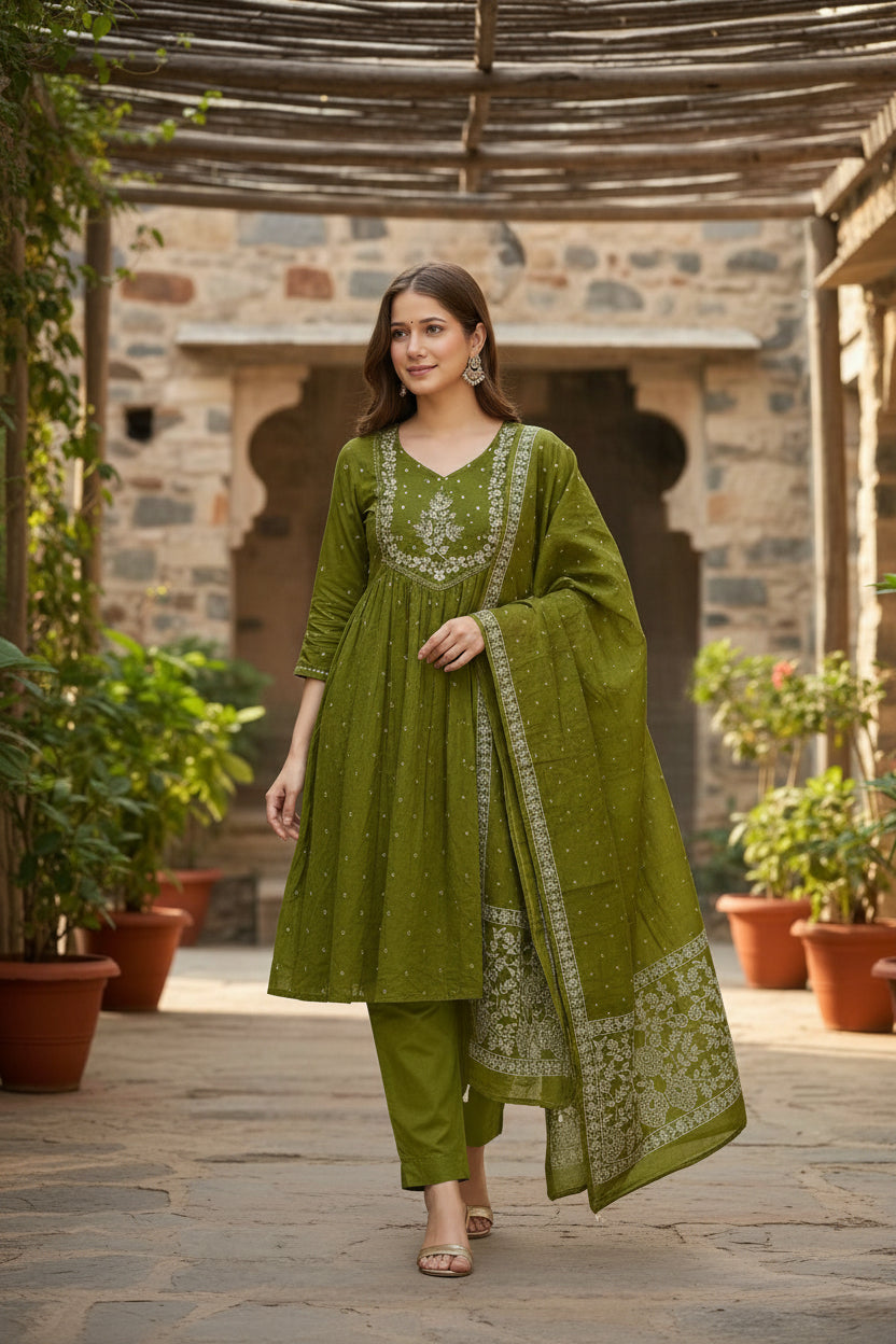 Olive Green Embroidered Cotton Anarkali Kurta Set with Dupatta & Trousers