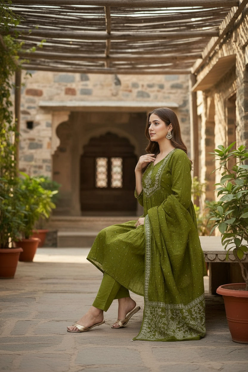 Olive Green Embroidered Cotton Anarkali Kurta Set with Dupatta & Trousers