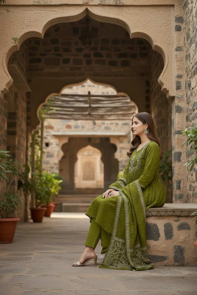 Olive Green Embroidered Cotton Anarkali Kurta Set with Dupatta & Trousers