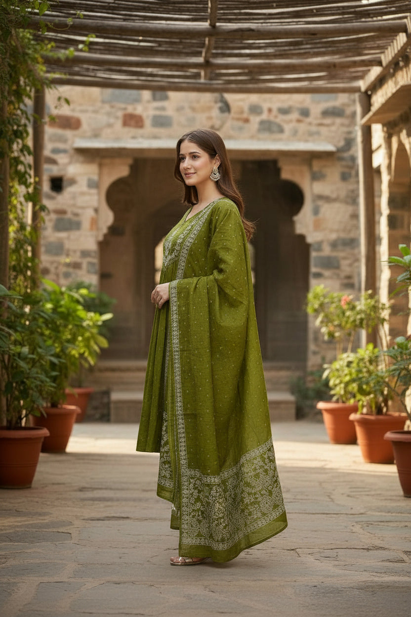 Olive Green Embroidered Cotton Anarkali Kurta Set with Dupatta & Trousers
