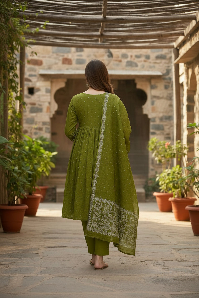 Olive Green Embroidered Cotton Anarkali Kurta Set with Dupatta & Trousers