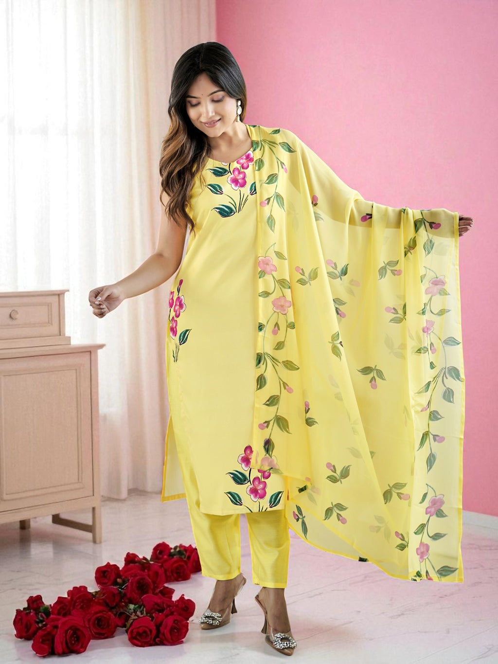 Sunshine Yellow French Crepe Hand-Paint Style Floral Kurta Set with Organza Dupatt
