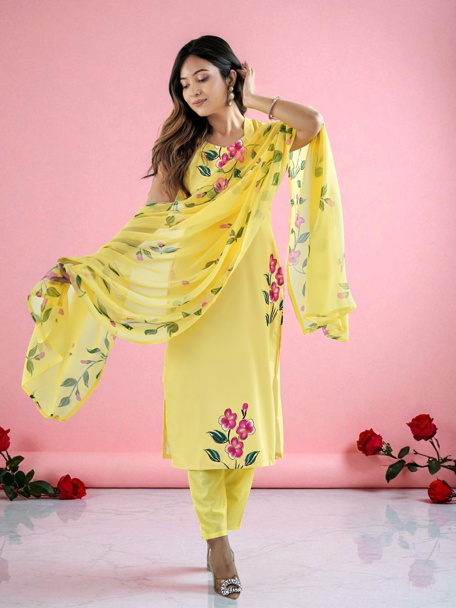 Sunshine Yellow French Crepe Hand-Paint Style Floral Kurta Set with Organza Dupatt
