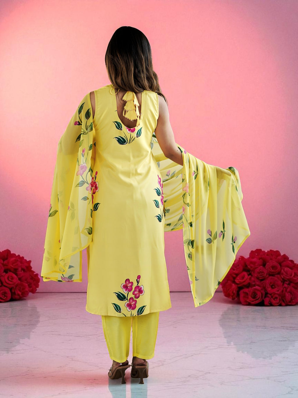 Sunshine Yellow French Crepe Hand-Paint Style Floral Kurta Set with Organza Dupatt