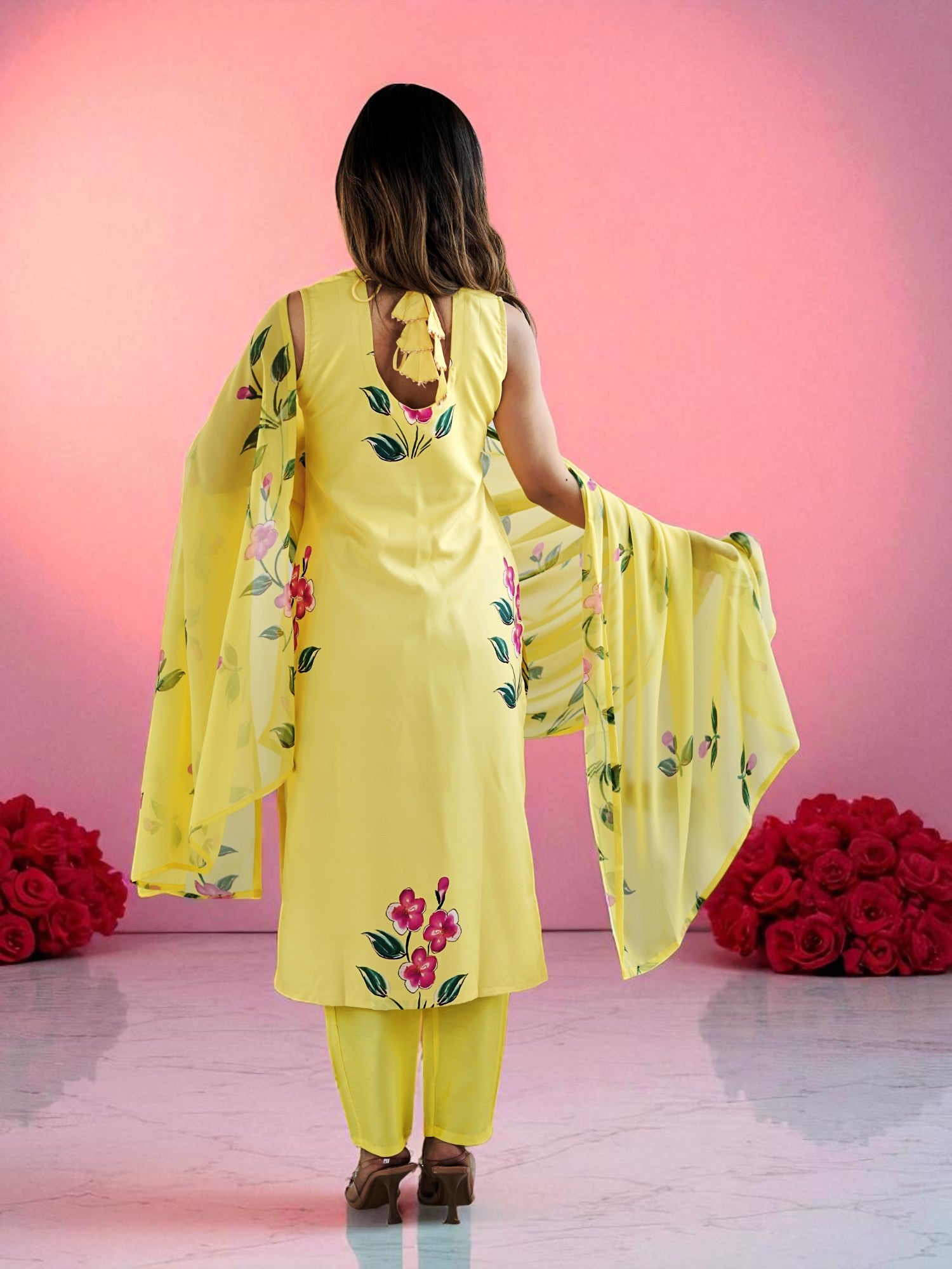 Sunshine Yellow French Crepe Hand-Paint Style Floral Kurta Set with Organza Dupatt