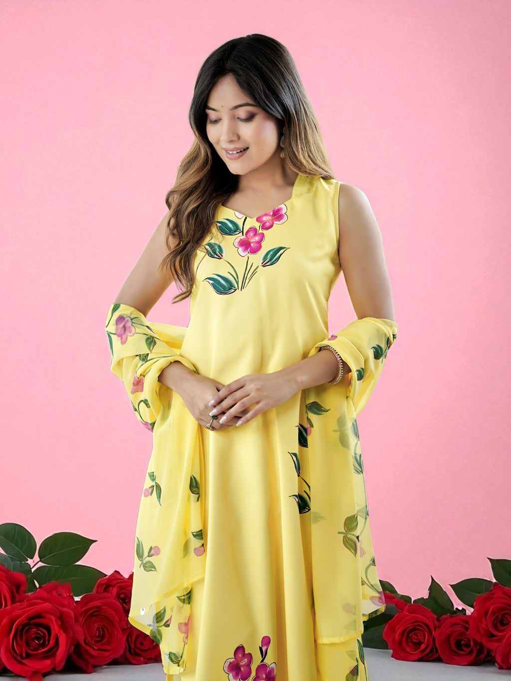 Sunshine Yellow French Crepe Hand-Paint Style Floral Kurta Set with Organza Dupatt