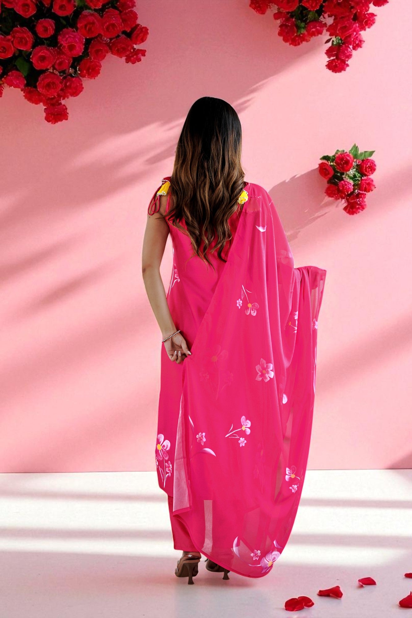 Fuschia Pink French Crepe Floral Print Kurta Set with Tasseled Shoulders and Organza Dupatta