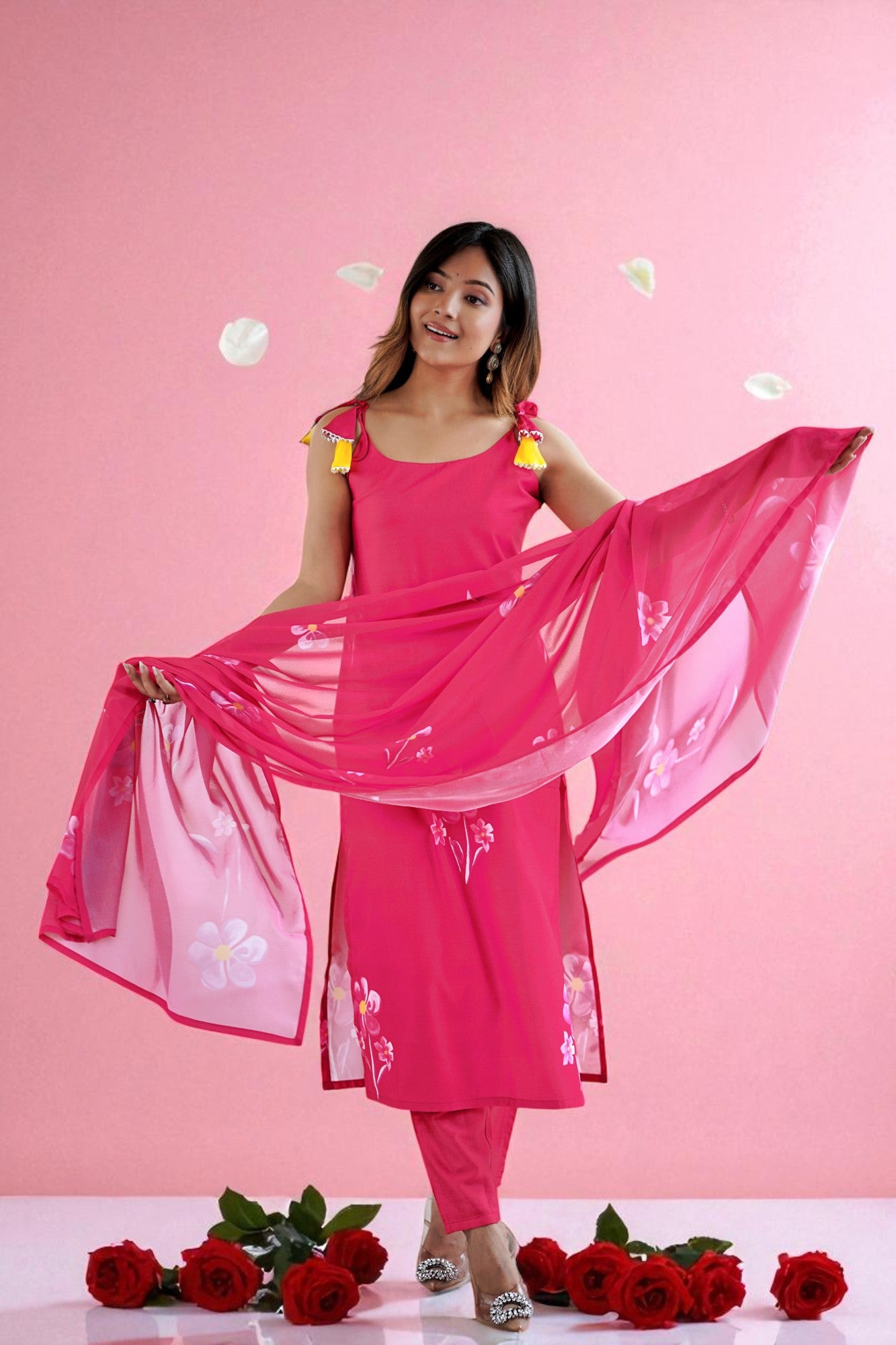 Fuschia Pink French Crepe Floral Print Kurta Set with Tasseled Shoulders and Organza Dupatta